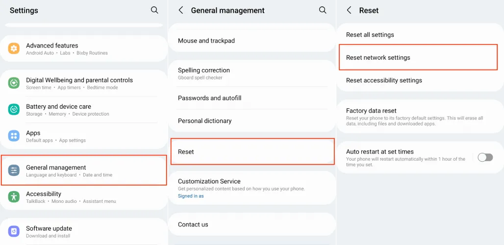 ریست تنظیمات شبکه سامسونگ